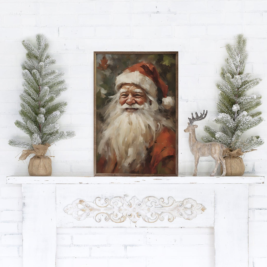 Handcrafted Walnut Framed Christmas Classic Santa Portrait In Red Art - The Primitive Pineapple Collection