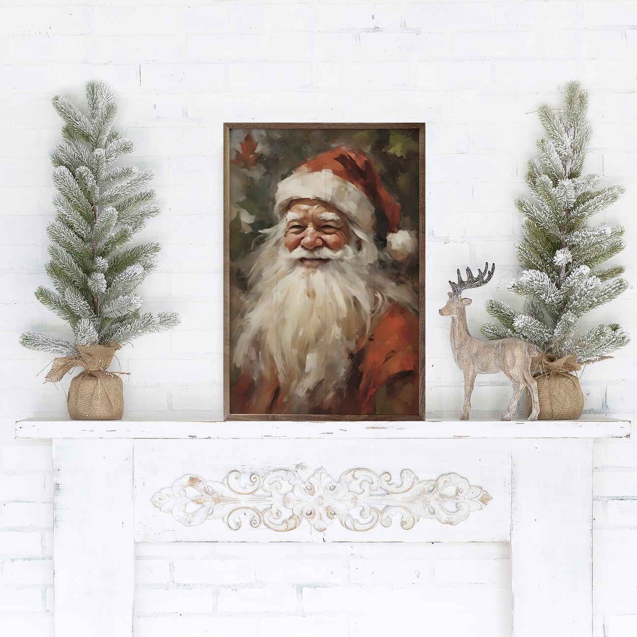 Handcrafted Walnut Framed Christmas Classic Santa Portrait In Red Art - The Primitive Pineapple Collection