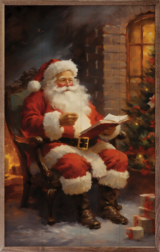 Handcrafted Walnut Framed Christmas Kris Kringle by the Fire Art - The Primitive Pineapple Collection