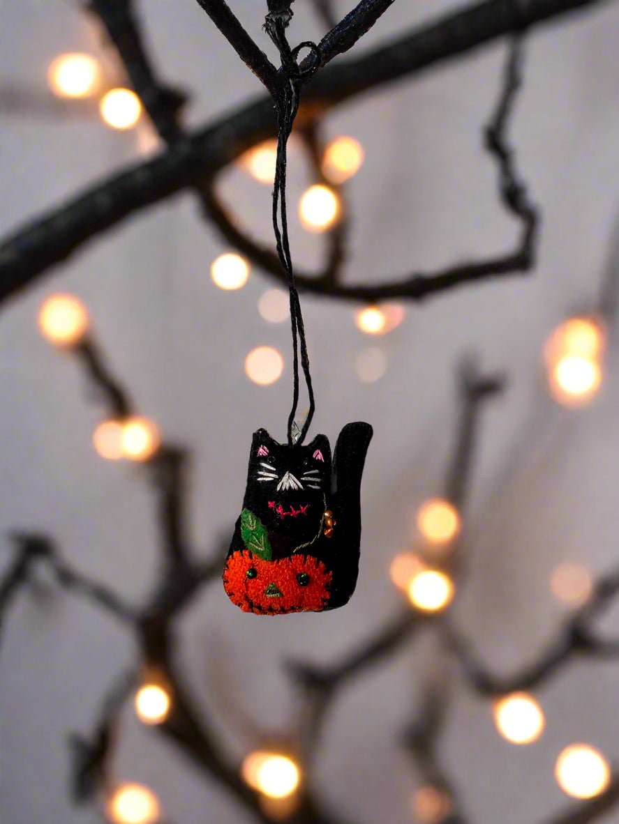 Primitive Handcrafted Halloween Felt 2” Black Cat w/Jack O Lantern Ornament - The Primitive Pineapple Collection
