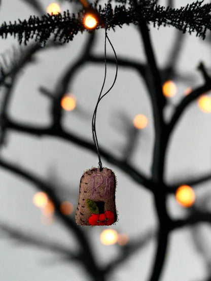 Primitive Handcrafted Halloween Felt 2” RIP w/ Pumpkin Tombstone Ornament - The Primitive Pineapple Collection