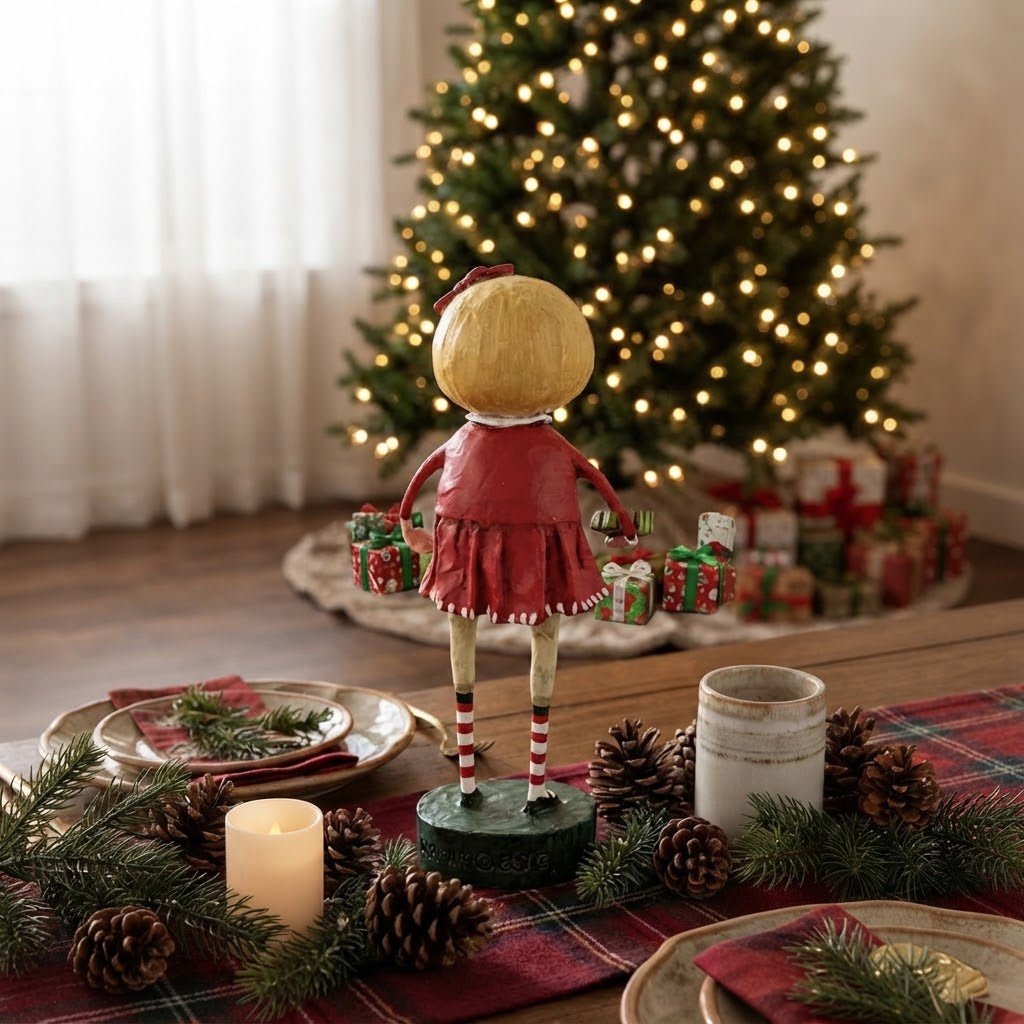 Lori Mitchell Gift Exchange Girl Christmas Figurine 6" - The Primitive Pineapple Collection