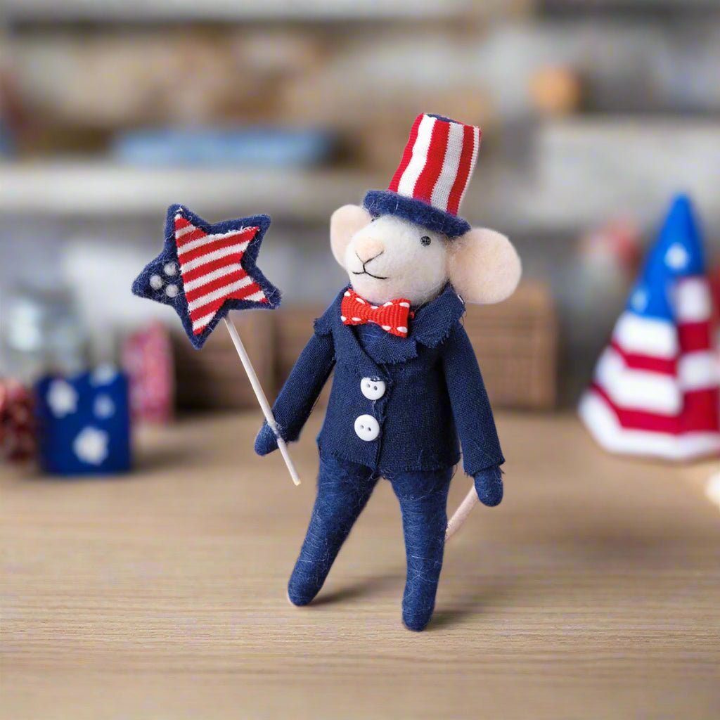 Primitive Patriotic Felt Mouse Uncle Sam Felt Ornament with Flag Star - The Primitive Pineapple Collection