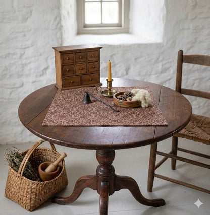 Farmhouse Burgundy Tan Jacquard Table Topper 20x20 - The Primitive Pineapple Collection