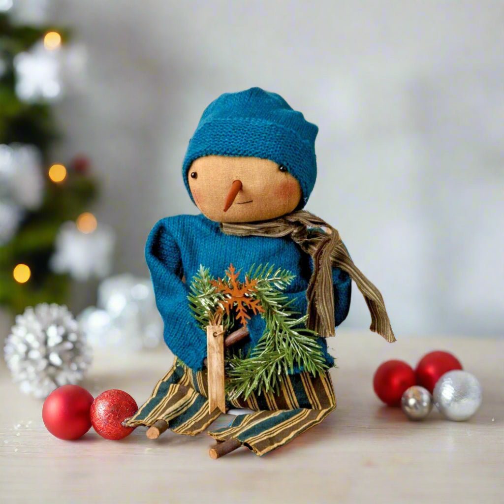 Primitive Country Christmas Seth Snowman Doll Rusty Tin Snowflake Greens - The Primitive Pineapple Collection