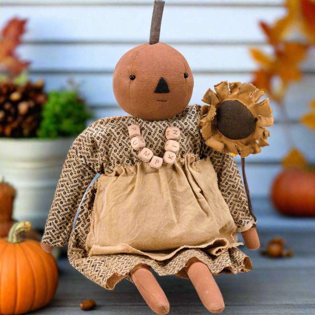 Primitive Folk Art Sunflower Susie Pumpkin Doll 17" - The Primitive Pineapple Collection