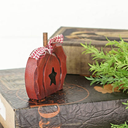 Primitive Rustic Halloween 4.5&quot; Chunky Wood Pumpkin w/Star Shelf Sitter - The Primitive Pineapple Collection