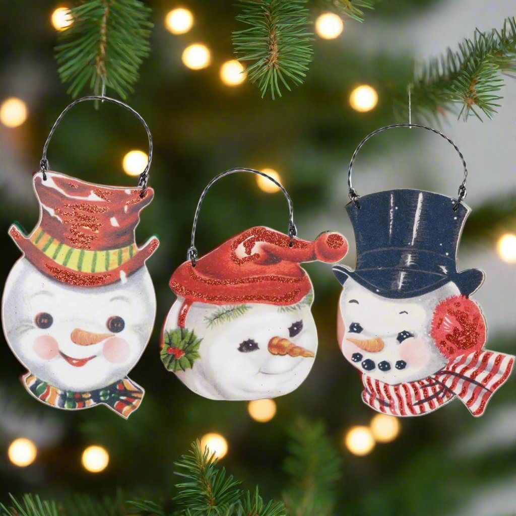 Primitive Christmas Retro Snowman Ornaments 3 pc wood