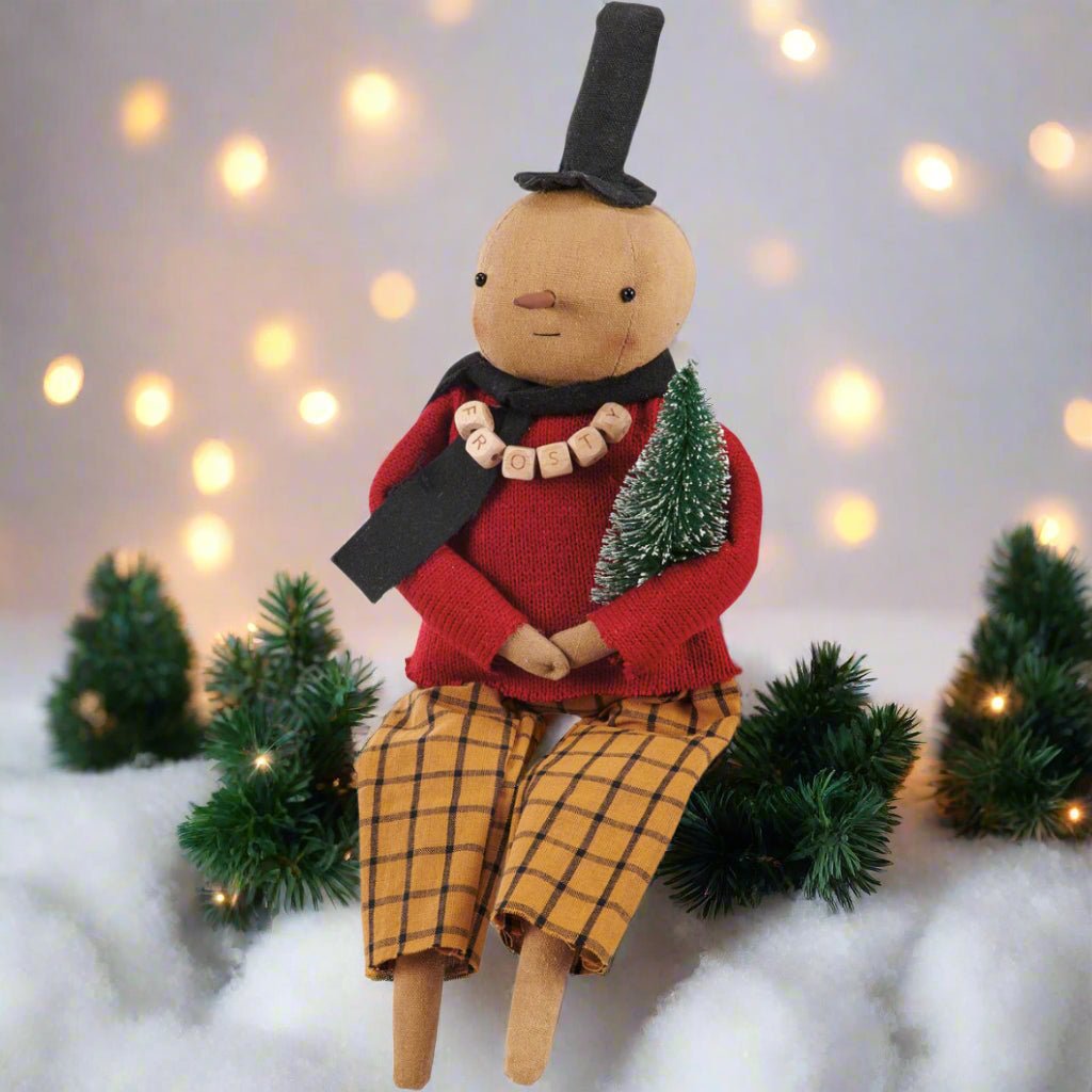 Primitive Christmas Rustic 17&quot; Frosty w/ Bottle Brush Tree Doll - The Primitive Pineapple Collection