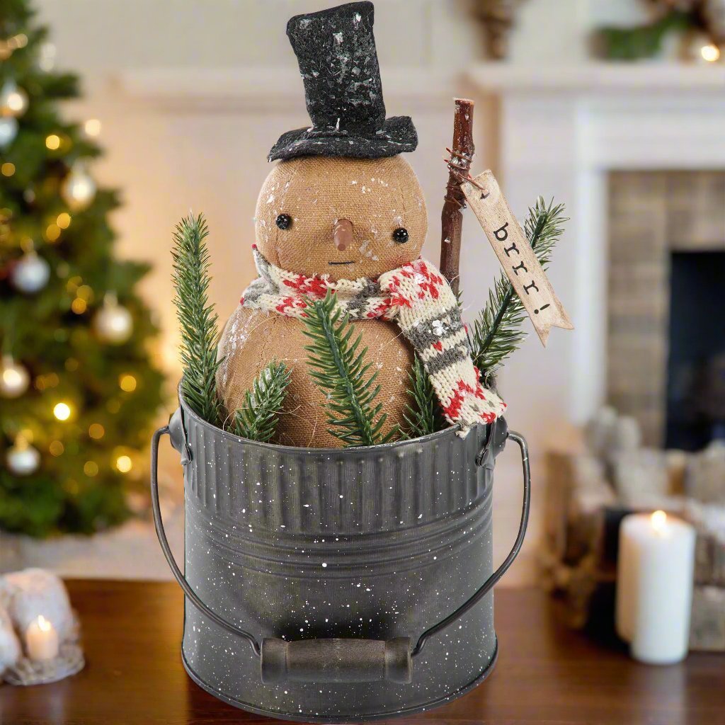 Primitive Country Christmas 9.5” Let it Snow Snowman in Pail with Greens Doll - The Primitive Pineapple Collection
