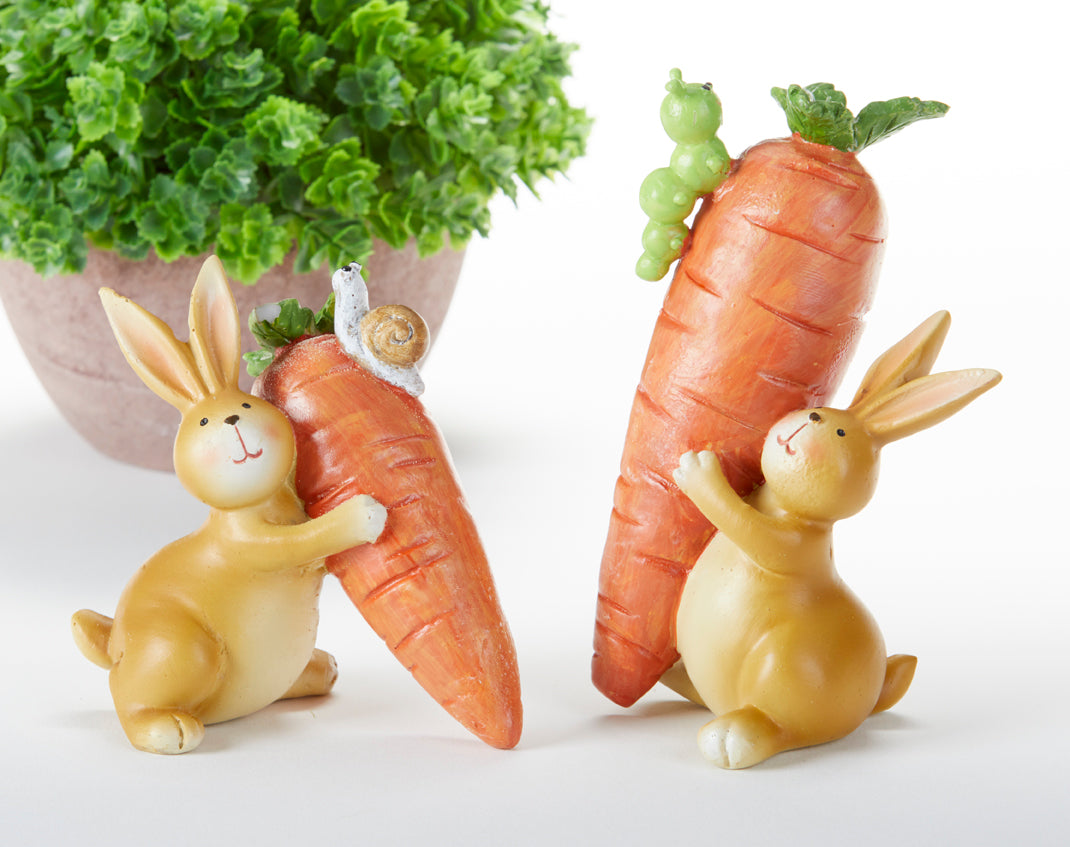 Farmhouse Country Spring Green Gardening Bunnies with Carrot Figurines 2pc set