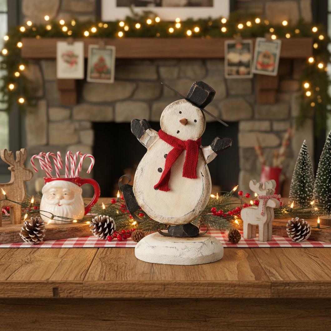 Primitive Christmas Wood Snowman w/ Scarf Skate Chunky Sitter