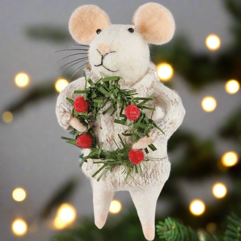 Primitive Country Christmas Felt Mouse w/ Wreath Ornament - The Primitive Pineapple Collection