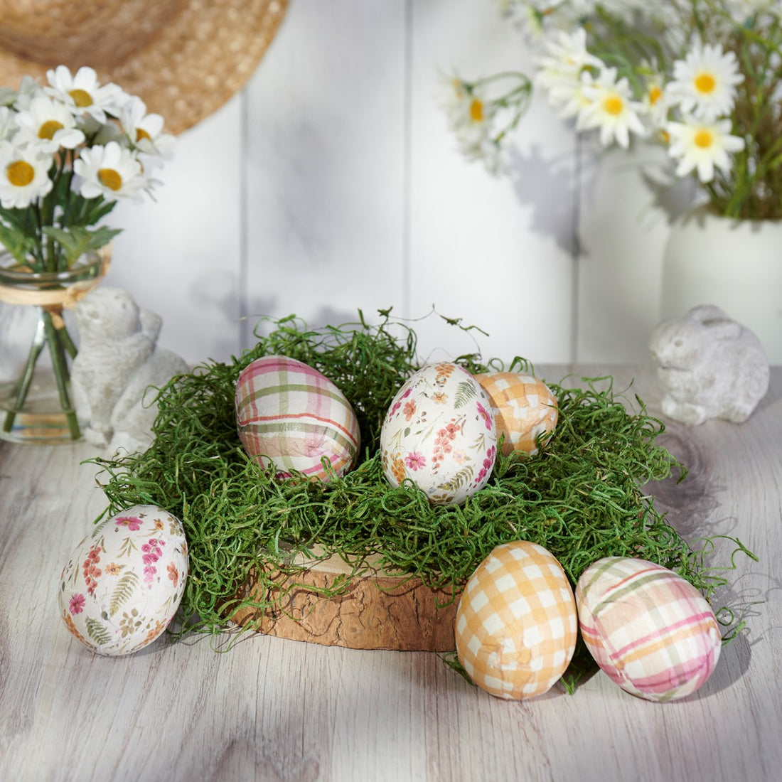 Primitive Spring Easter Life Size Gingham Wooden Eggs 6 pc