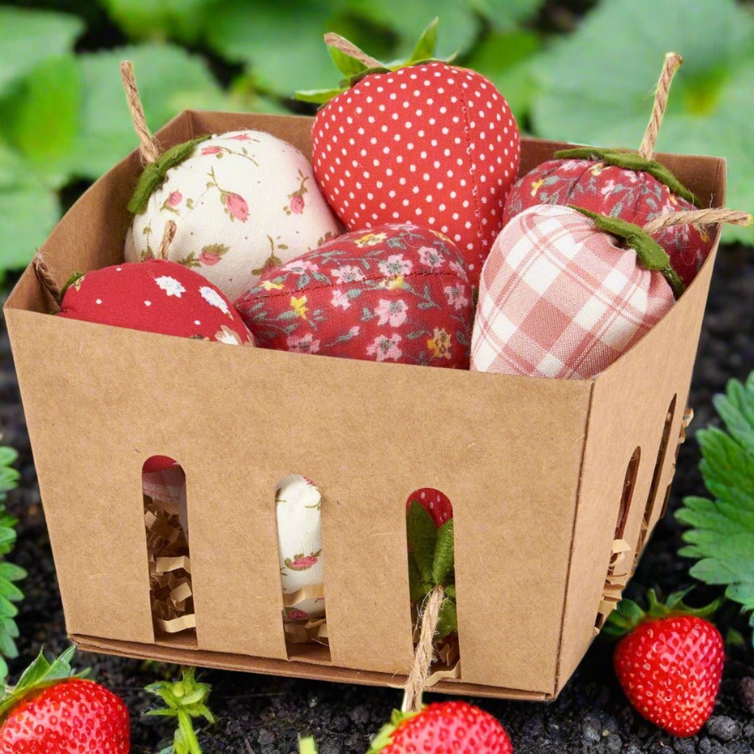 Primitive Spring Fabric Strawberries In Basket Bowl filler 10 pc - The Primitive Pineapple Collection