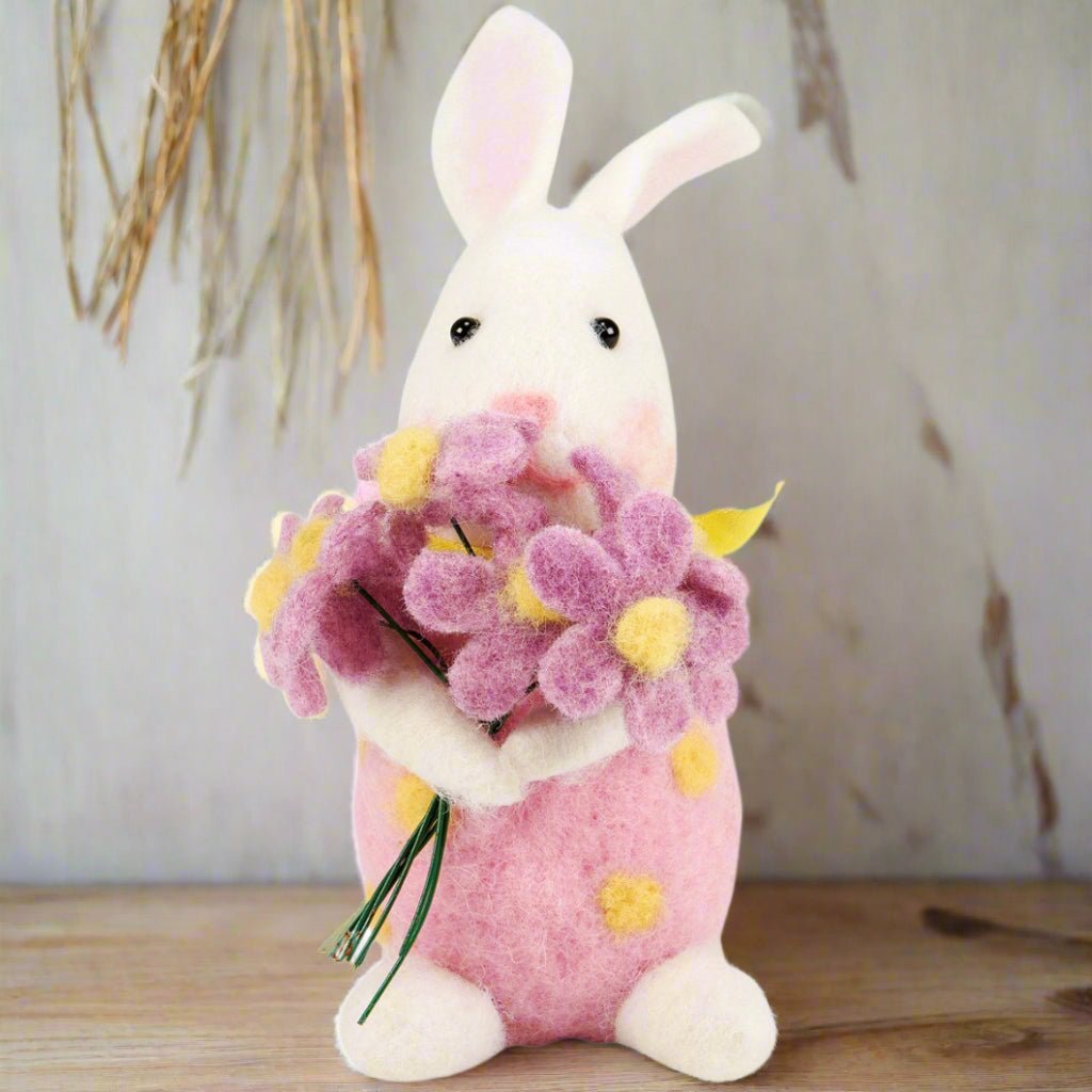 Primitive Farmhouse Felt Spring Easter Bunny With Flower Bouquet - The Primitive Pineapple Collection