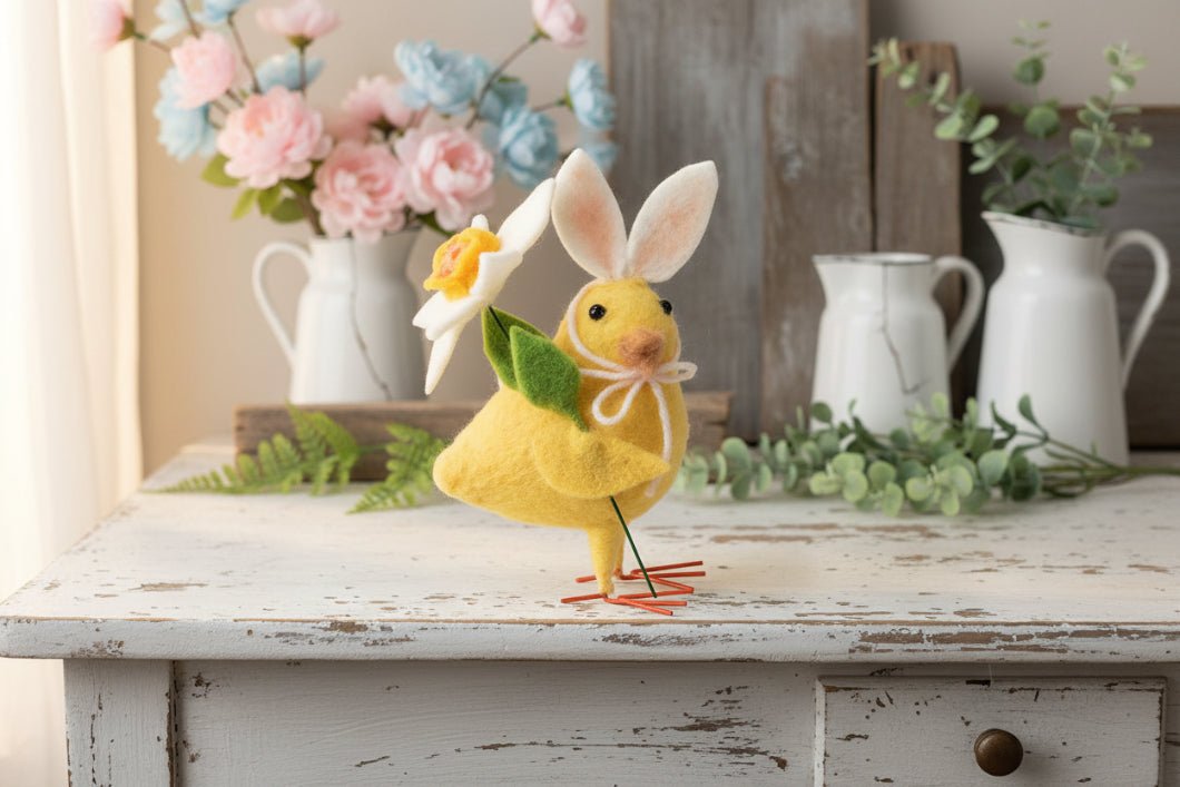 Farmhouse Spring Easter Bunny Ear Chick Figurine - The Primitive Pineapple Collection