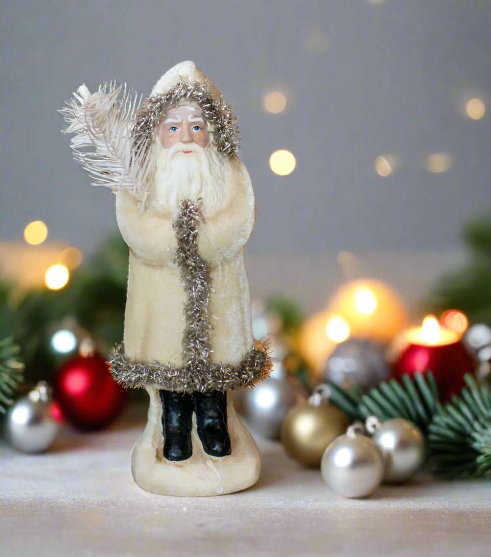 Primitive Ragon House Christmas 8&quot; Belsnickle 8&quot; Ivory Velvet Santa Claus - The Primitive Pineapple Collection