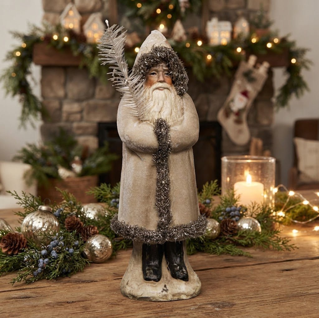 Ragon House Christmas 12.25" Ivory Velvet Belsnickle Santa with Goose Feather - The Primitive Pineapple Collection