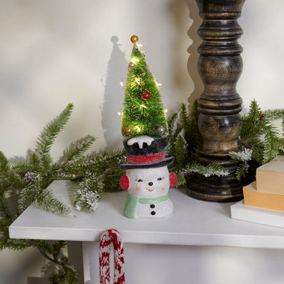 Christmas Retro Look Light Up Top Hat Snowman w/ Bottle Brush Tree Figurine 10.25&quot;