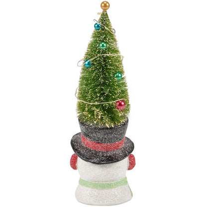 Christmas Retro Look Light Up Top Hat Snowman w/ Bottle Brush Tree Figurine 10.25&quot;