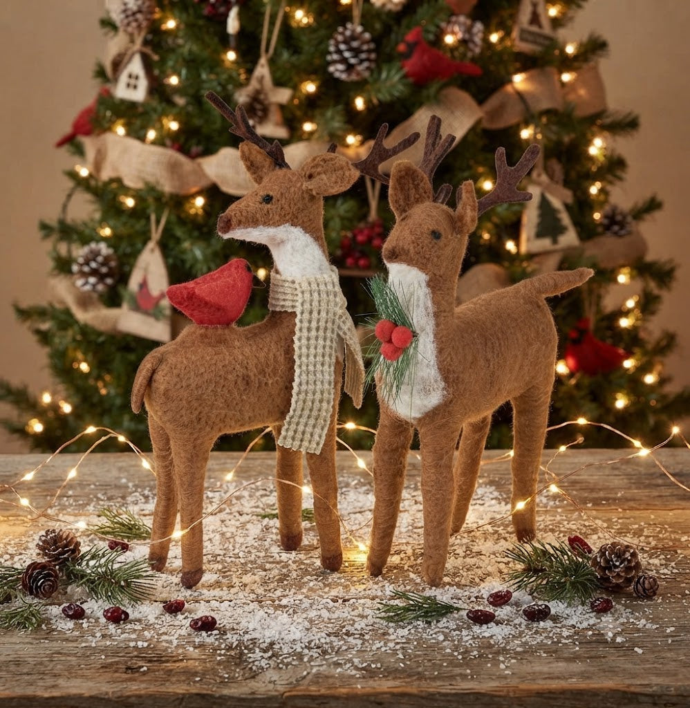 Primitive Country Christmas Felt Primitive Country Christmas Felt 2 pc Reindeer with Cardinal