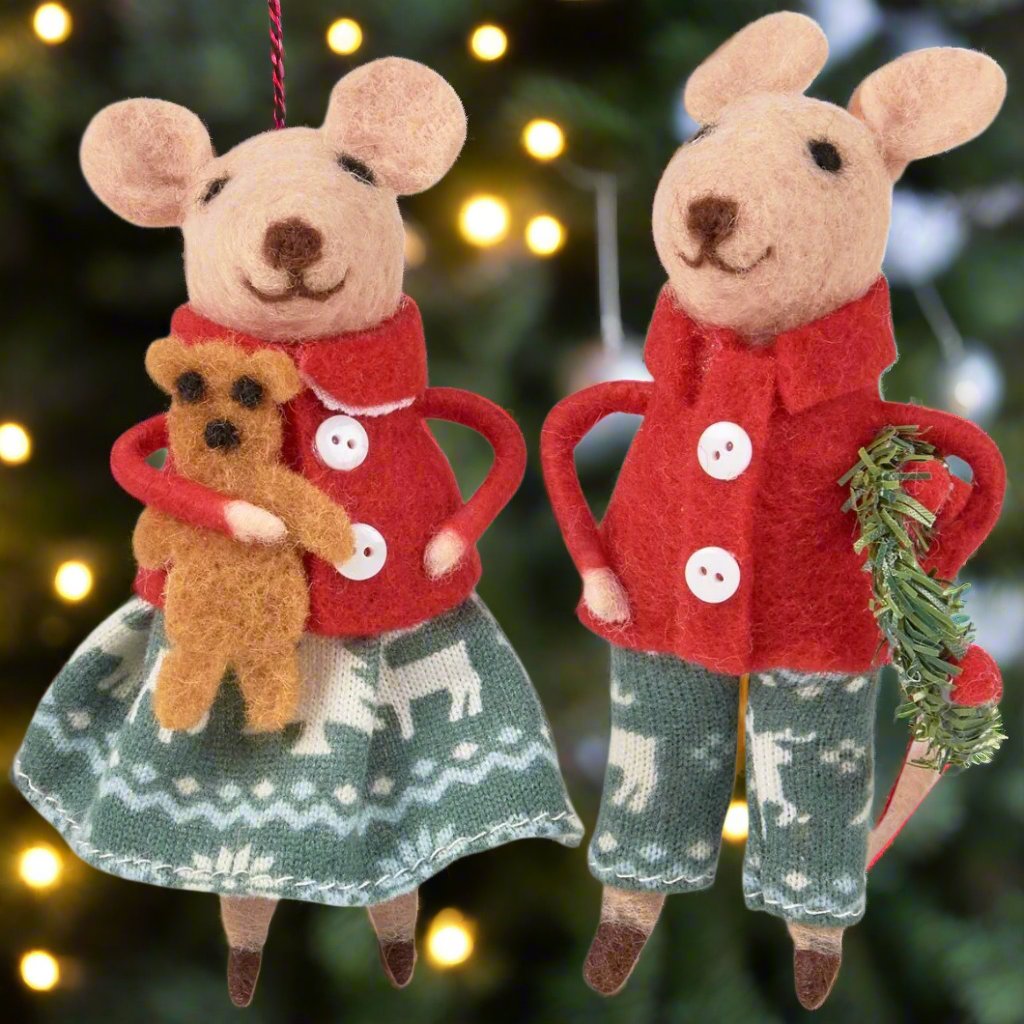 Primitive Christmas Felt Mice w/ Wreath/Gingerbread 2 pc Ornament Set