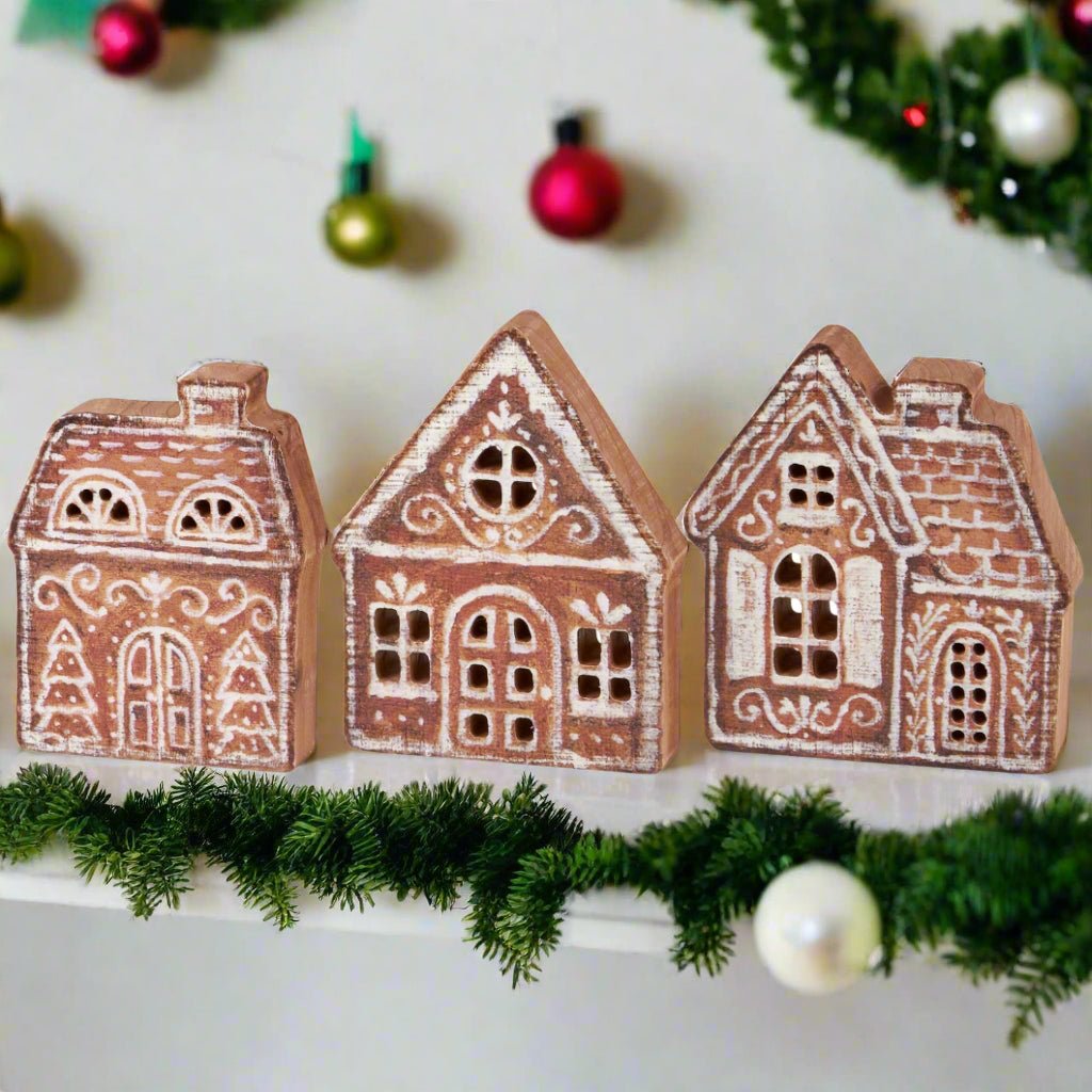 Primitive Christmas Gingerbread Village Chunky Shelf Sitter Set - The Primitive Pineapple Collection