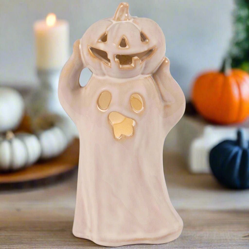 Primitive Halloween Lighted Pumpkin Ghost Figurine - The Primitive Pineapple Collection