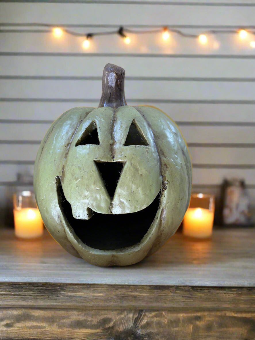 Halloween Ragon House Collectable 11” Olive Green Big Mouth Pumpkin DISCOUNTED - The Primitive Pineapple Collection