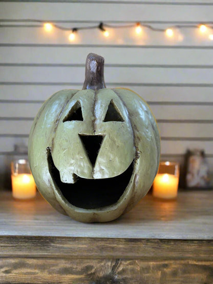 Halloween Ragon House Collectable 11” Olive Green Big Mouth Pumpkin DISCOUNTED - The Primitive Pineapple Collection