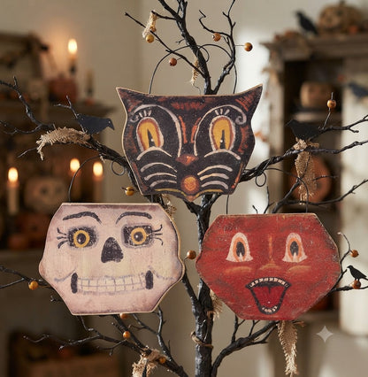 Primitive Rustic Halloween 3" Chunky Wood Halloween Faces Ornament Set 3 pc