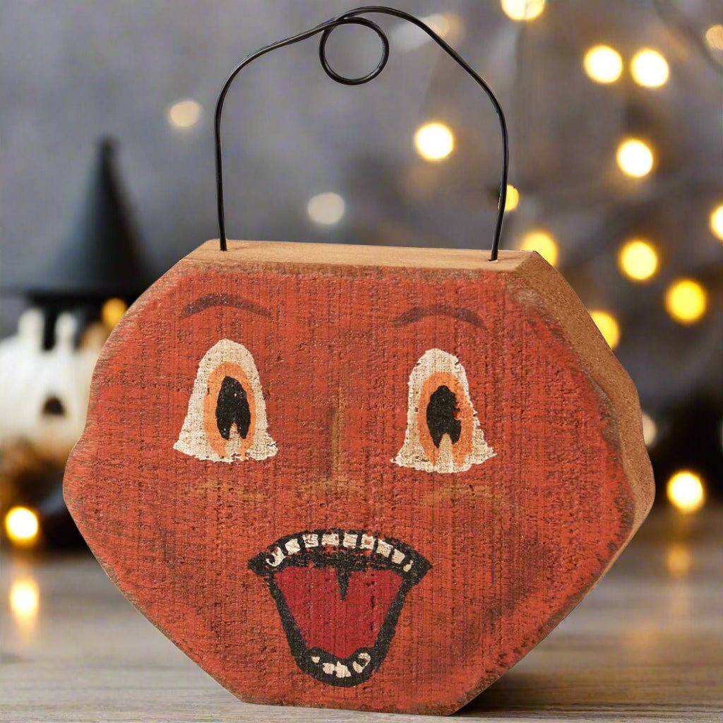 Primitive Rustic Halloween 6&quot; Chunky Wood Jack O Lantern Ornament /Shelf Sitter - The Primitive Pineapple Collection