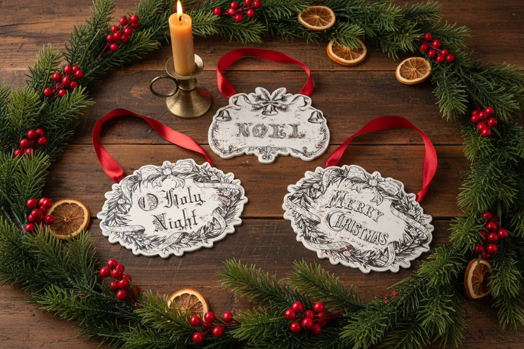 Primitive Christmas Embossed Metal Vintage Christmas Ornament Set 3 pc