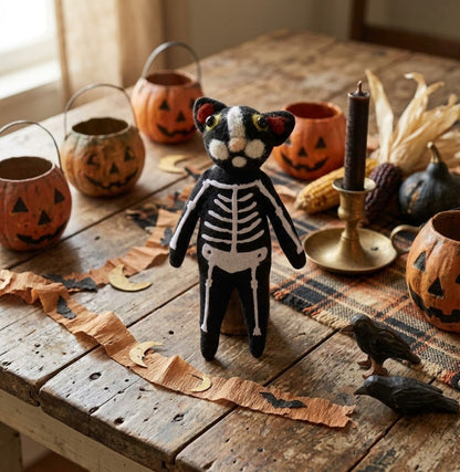Halloween Skeleton Cat Critter | Primitive Folk Art Décor