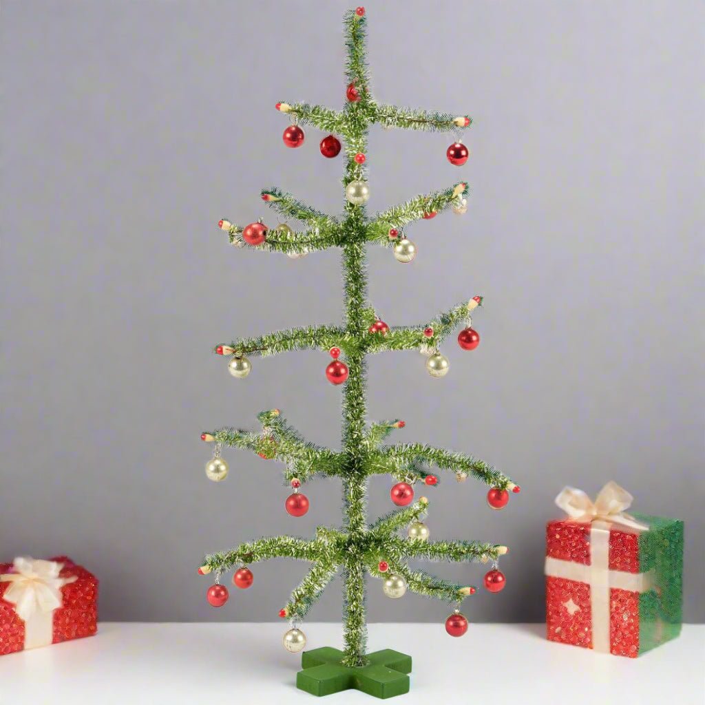 Primitive Retro 12&quot; Vintage Christmas Tree w/ Silver/Red Ornaments - The Primitive Pineapple Collection