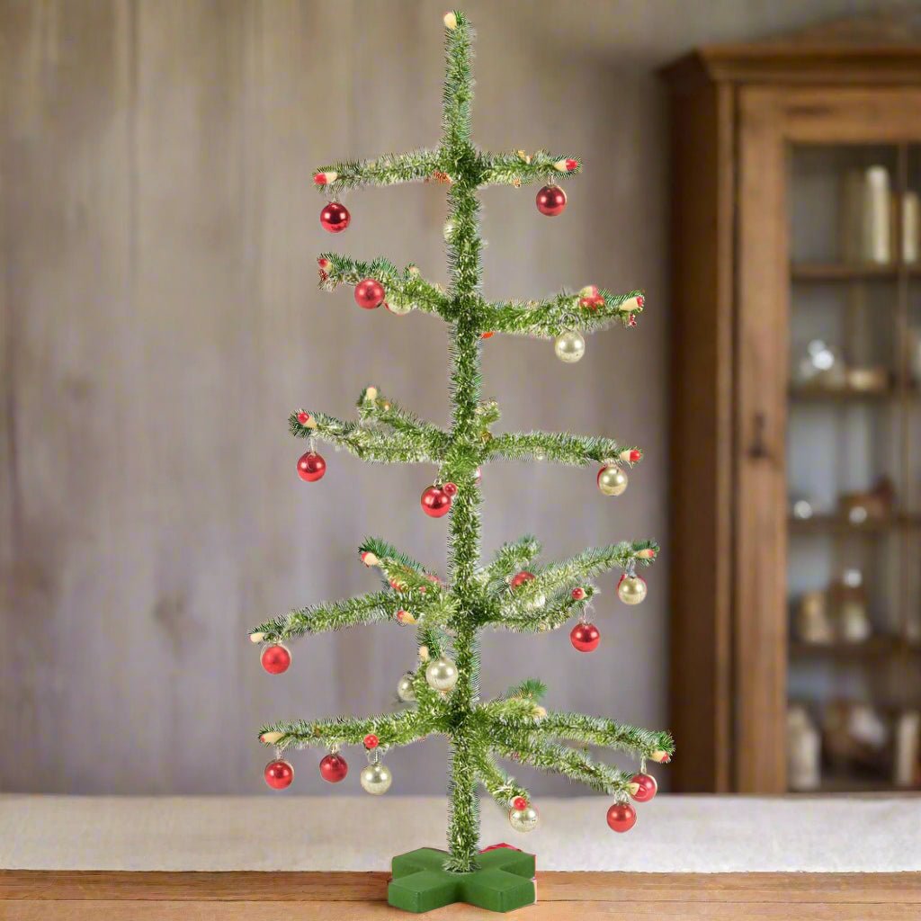 Primitive Retro 12&quot; Vintage Christmas Tree w/ Silver/Red Ornaments - The Primitive Pineapple Collection