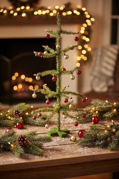 Primitive Retro 12" Vintage Christmas Tree w/ Silver/Red Ornaments - The Primitive Pineapple Collection