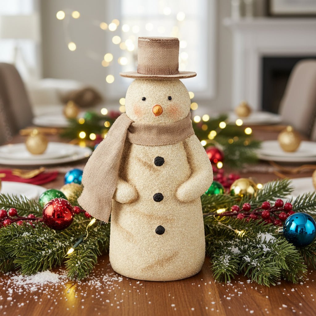 Primitive Christmas Glittery Vintage 8.25&quot; Snowman Figurine with Scarf - The Primitive Pineapple Collection