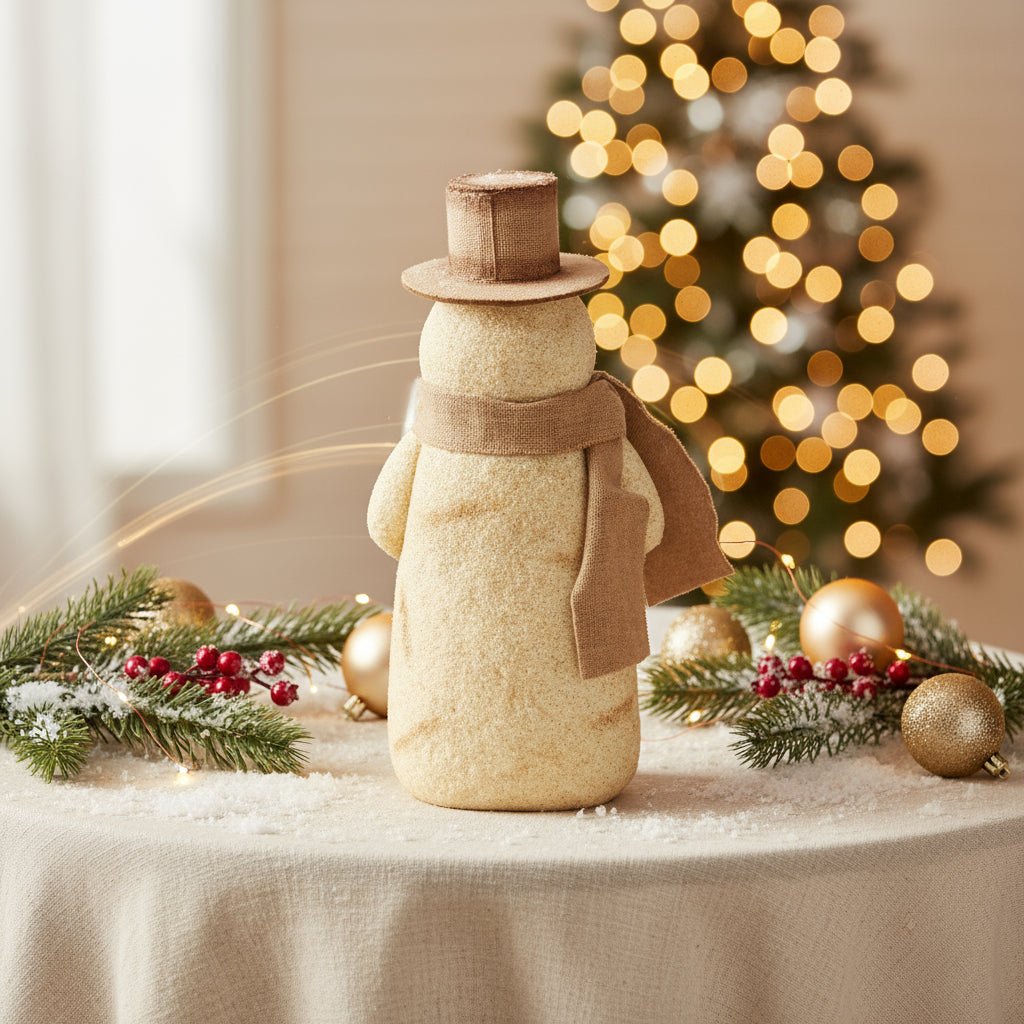 Primitive Christmas Glittery Vintage 8.25&quot; Snowman Figurine with Scarf - The Primitive Pineapple Collection