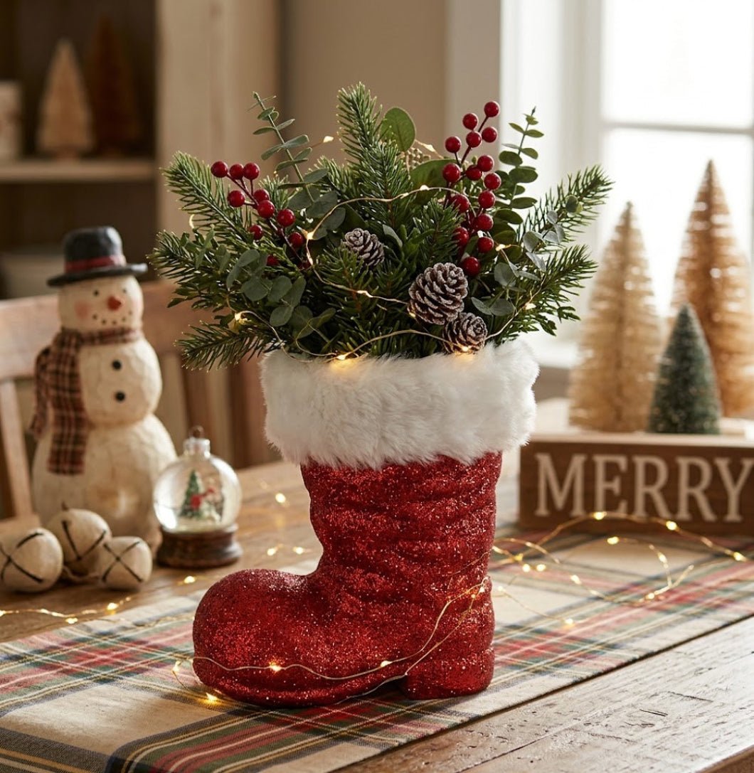 Primitive Christmas 8" Large Glitter Santa Boot - The Primitive Pineapple Collection