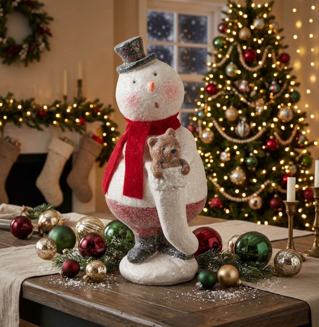 Primitive Christmas 12.5" Snowman With Teddy Figurine