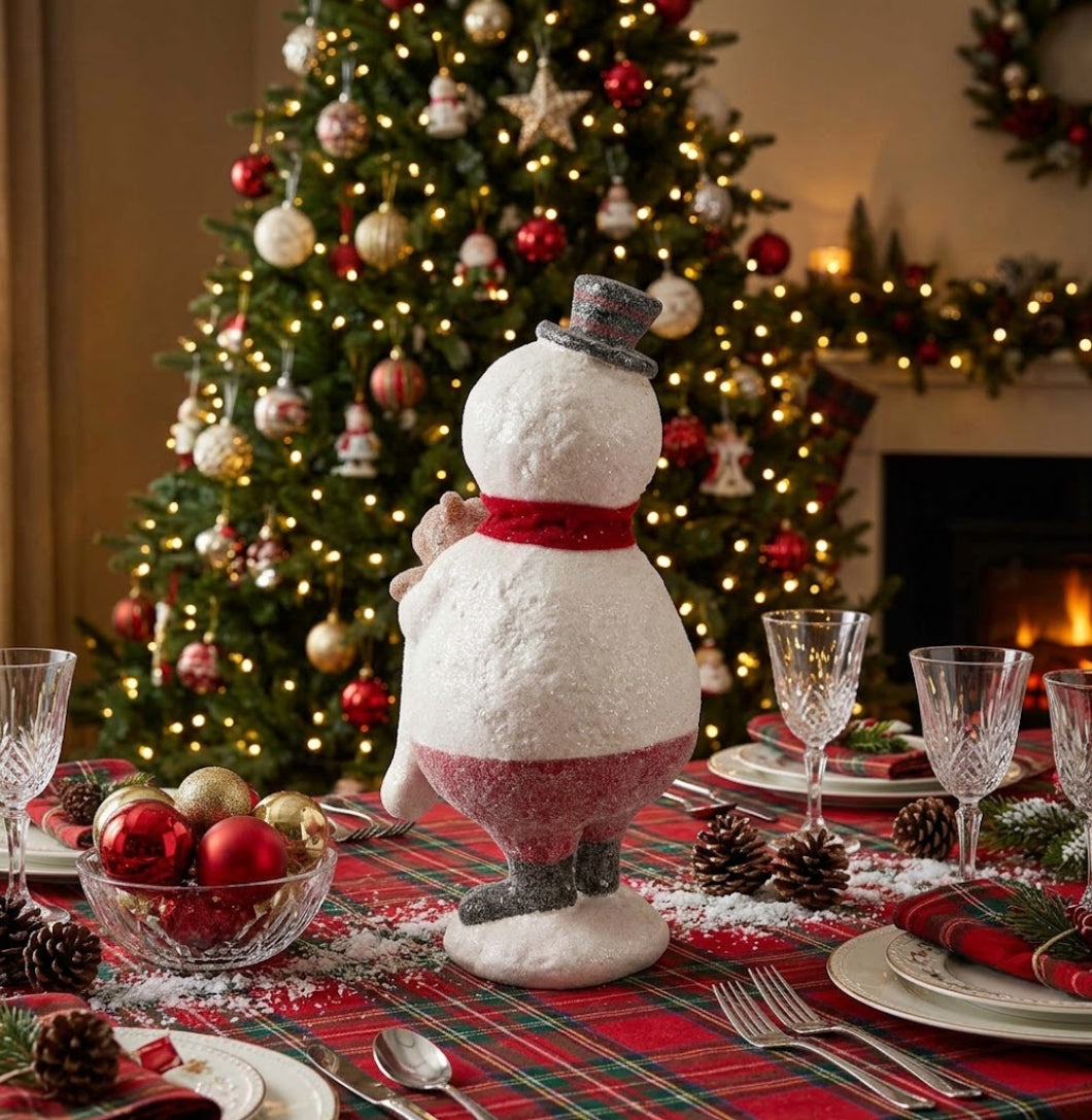 Primitive Christmas 12.5" Snowman With Teddy Figurine