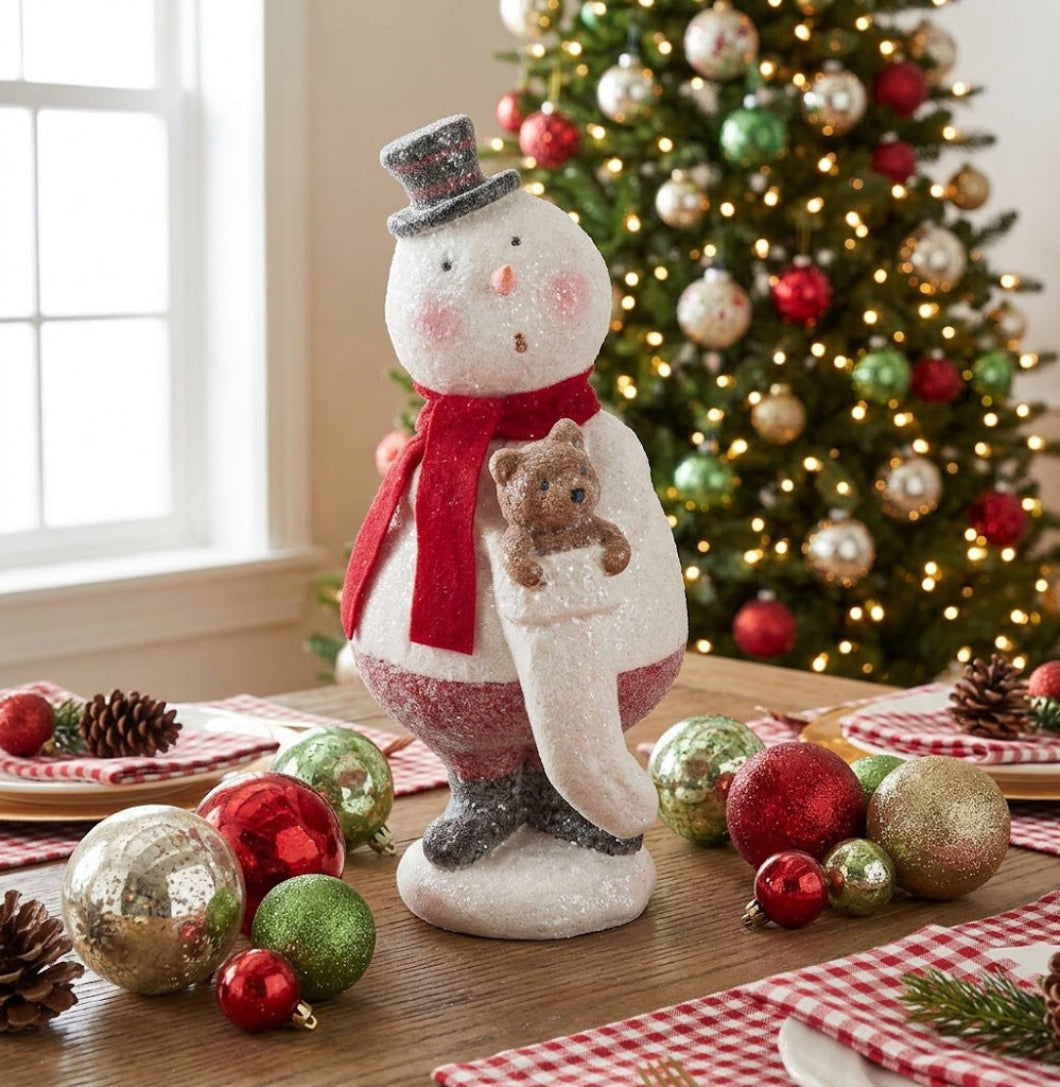 Primitive Christmas 12.5" Snowman With Teddy Figurine