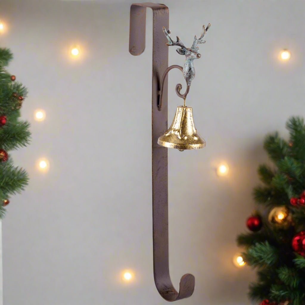 Primitive Christmas Over the Door 16&quot; Bell and Reindeer Wreath Holder - The Primitive Pineapple Collection
