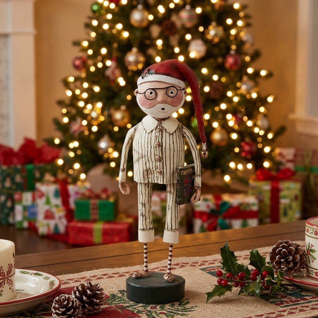 Lori Mitchell Story Time Santa Figurine with Book &amp; Stocking Cap, 8" - The Primitive Pineapple Collection