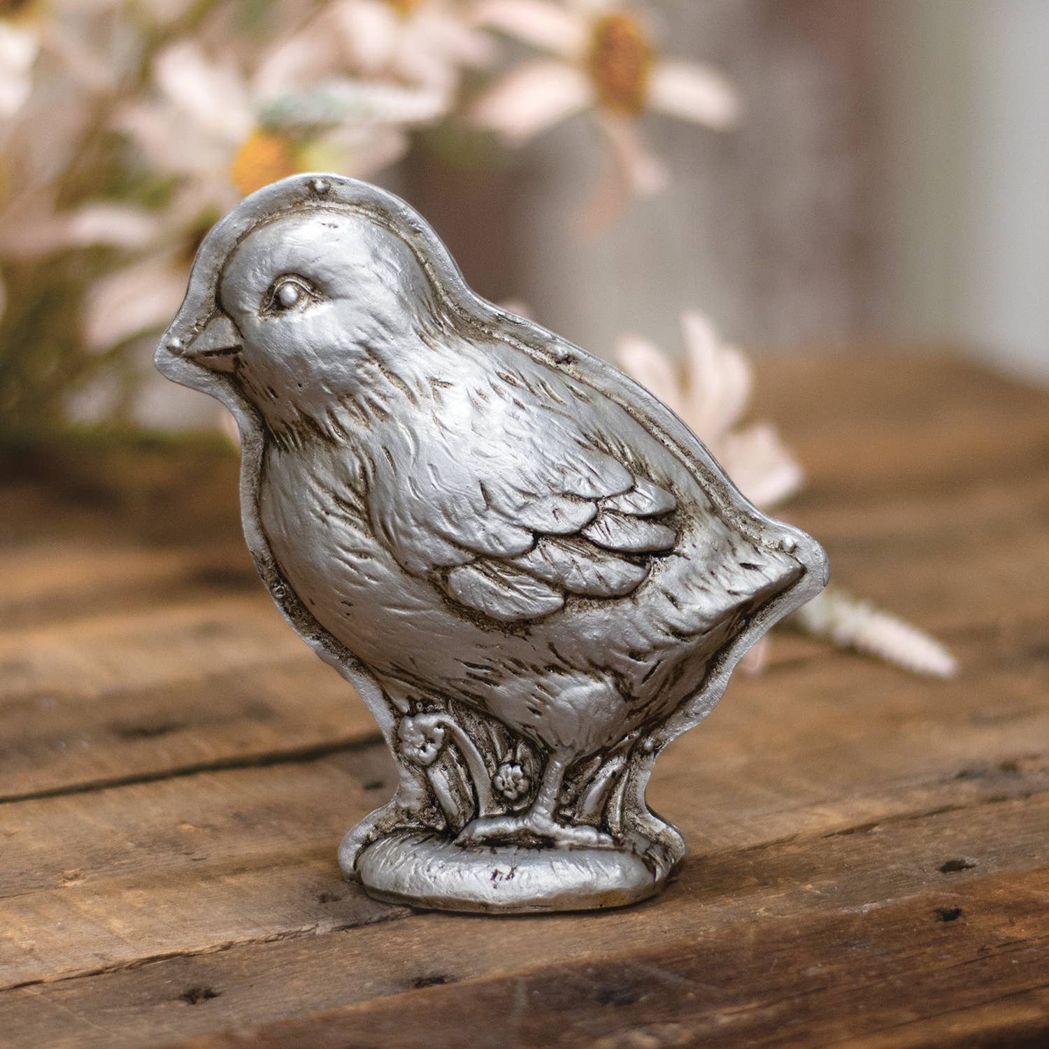 Primitive Farmhouse Faux Silver Chick Chocolate Mold Sitter 5.25&quot;