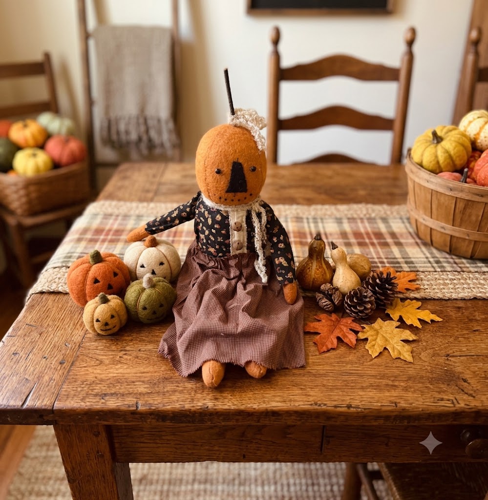 Primitive Fall Halloween Handcrafted 16" Libby Pumpkin Girl Doll