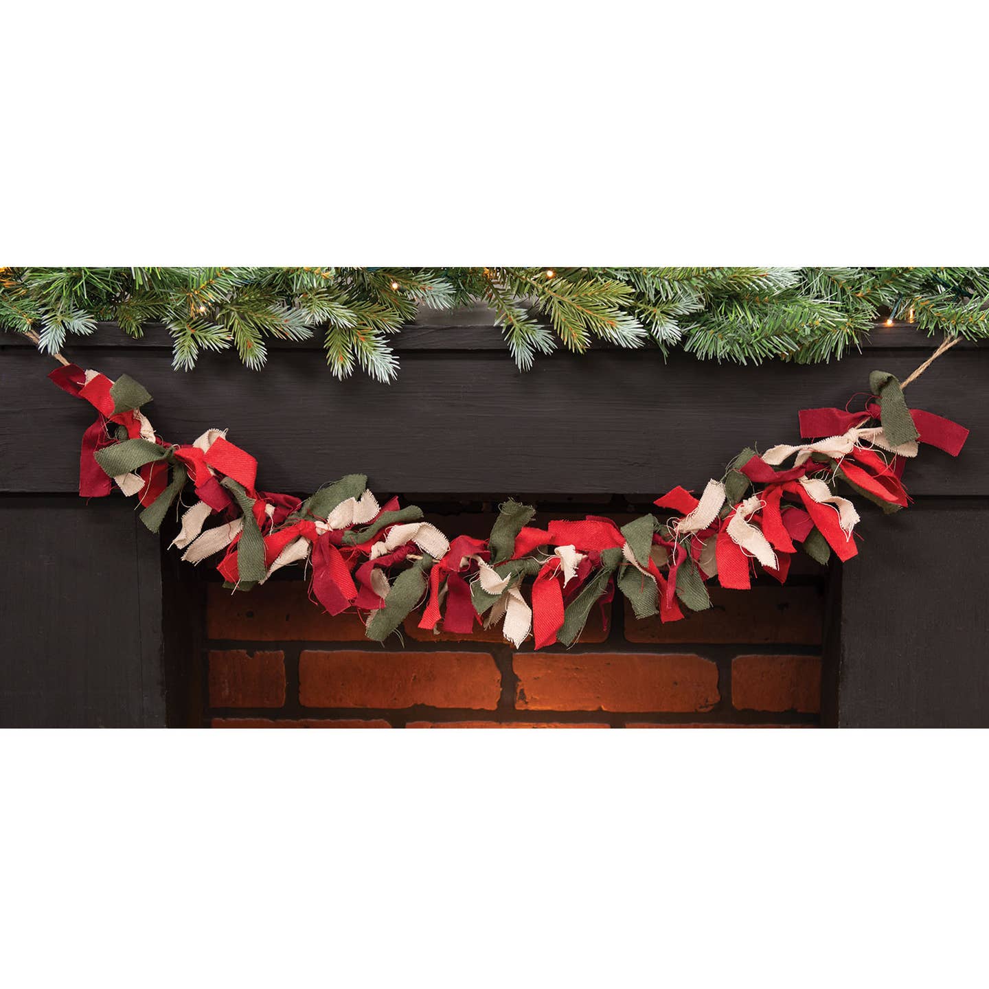 Primitive Christmas Red, Green and White Rag Garland 28&quot;