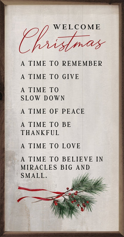 Handcrafted Walnut Framed Welcome Christmas w/ Pine Sprig Whitewash Art - The Primitive Pineapple Collection